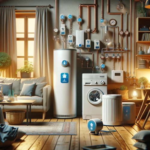 A home scene featuring essential appliances like a water heater, washing machine, and HVAC system, each integrated with a small pump.