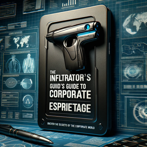 Poster featuring a high-tech espionage gadget against blueprints and screens with confidential data.