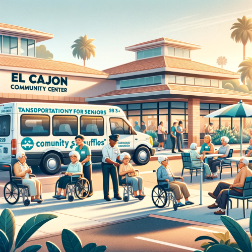 A variety of transportation options for seniors in El Cajon, including accessible minibuses and taxis, with seniors being assisted by staff.
