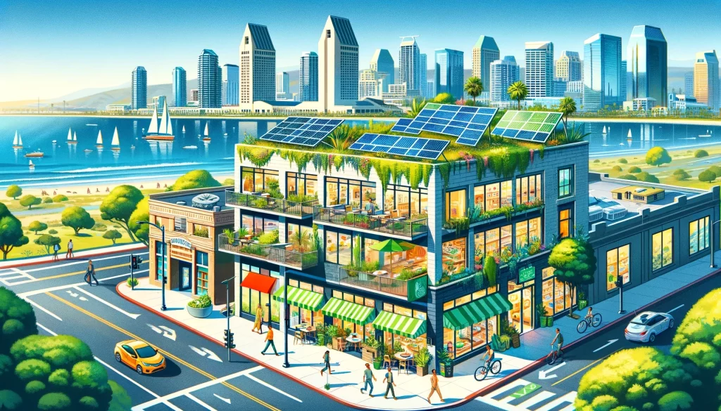 A vibrant cityscape of San Diego showcasing sustainable businesses, with solar panels on rooftops, an eco-friendly boutique, and a modern building with greenery on its facade.